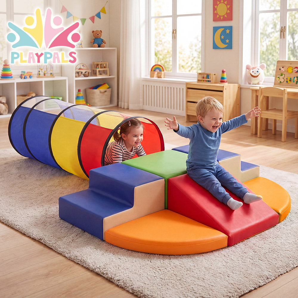 Playpals PU Leather Kids Foam Climbing Blocks w/Play Tunnel Classic/Pastel Color
