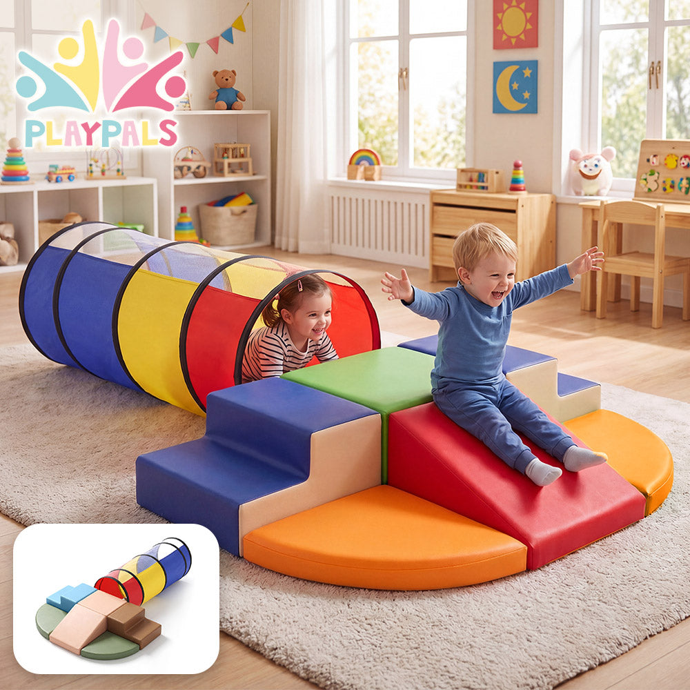 Playpals PU Leather Kids Foam Climbing Blocks w/Play Tunnel Classic/Pastel Color