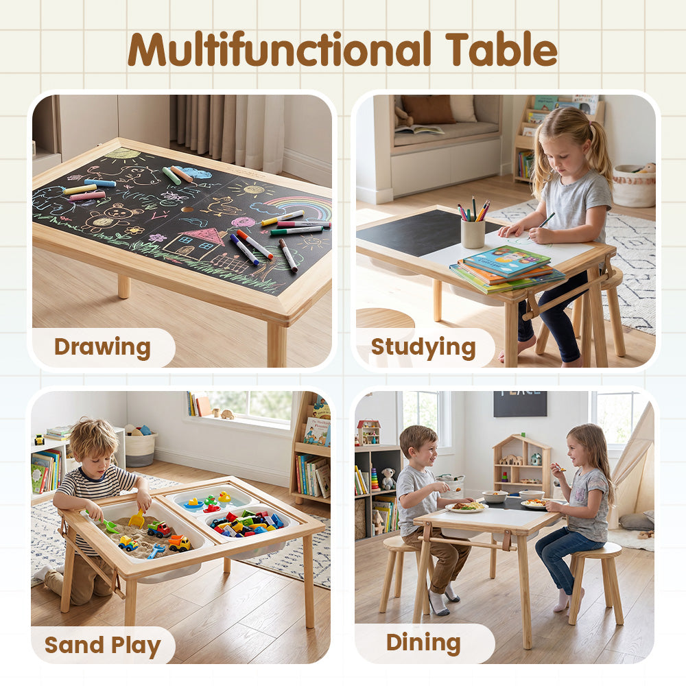 PlayPals Sensory Table Set Wooden w/ Double-Sided Board 2 Stools Storage Bins - Sunyee