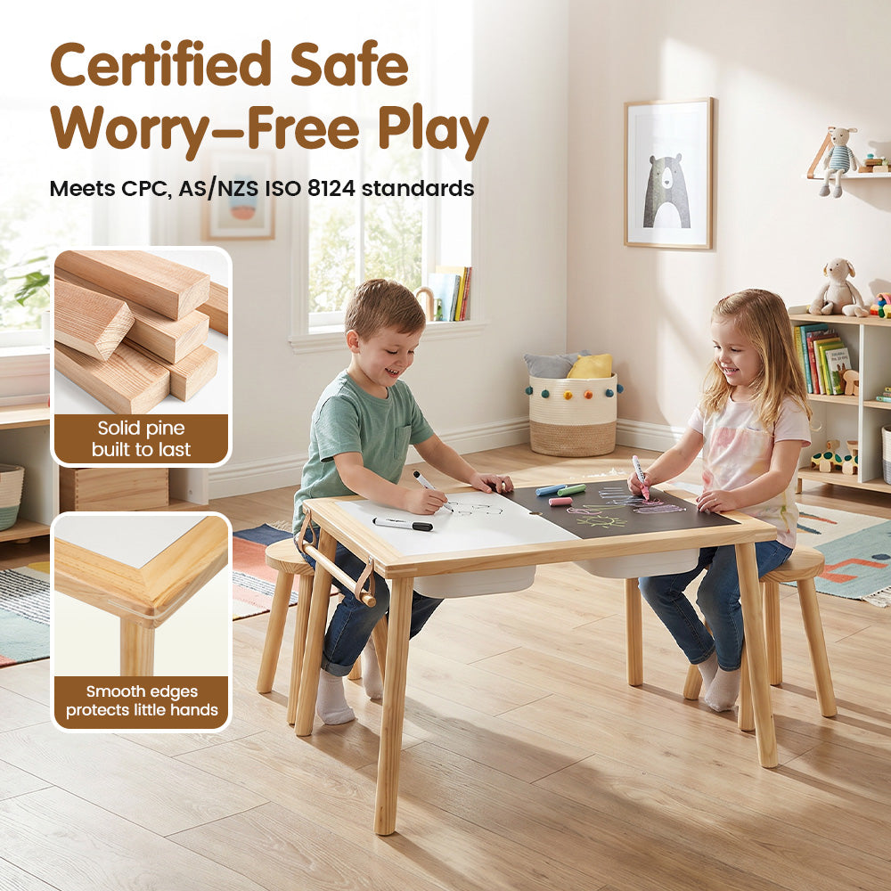 PlayPals Sensory Table Set Wooden w/ Double-Sided Board 2 Stools Storage Bins - Sunyee