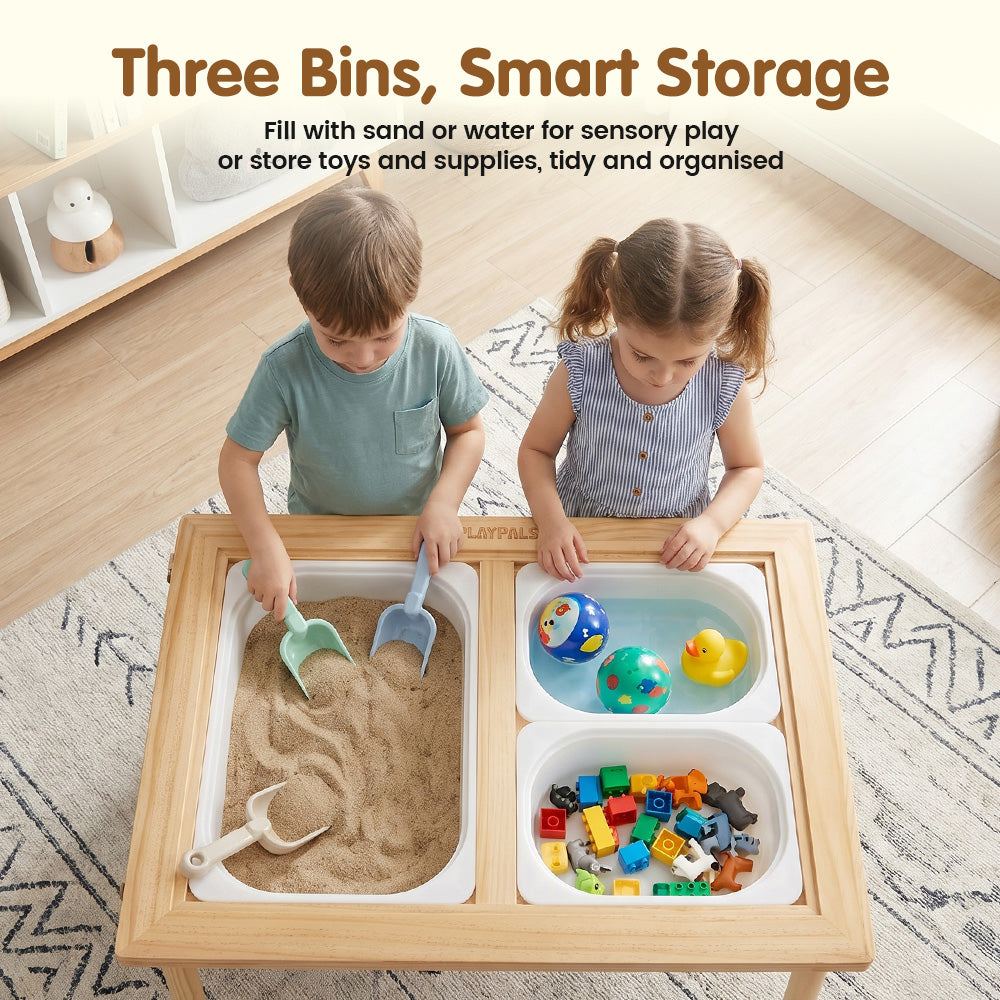 PlayPals Sensory Table Set Wooden w/ Double-Sided Board 2 Stools Storage Bins - Sunyee