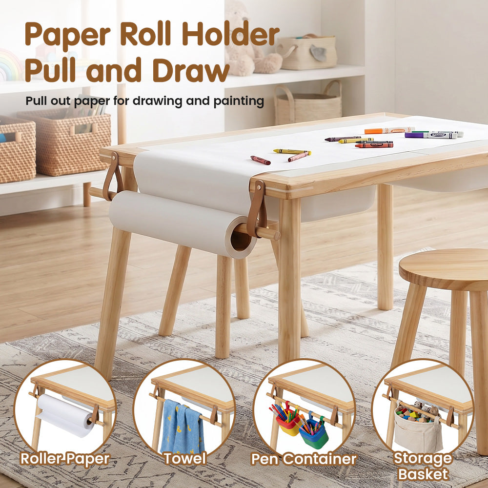 PlayPals Sensory Table Set Wooden w/ Double-Sided Board 2 Stools Storage Bins - Sunyee