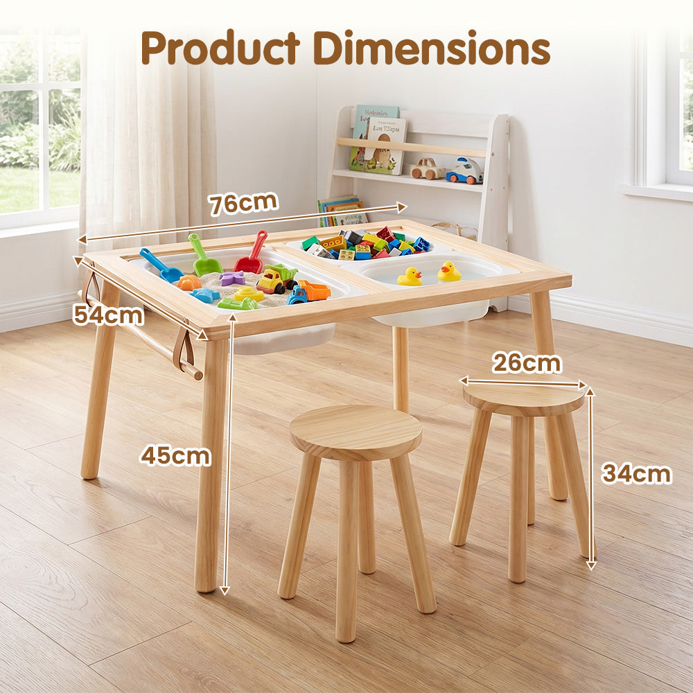 PlayPals Sensory Table Set Wooden w/ Double-Sided Board 2 Stools Storage Bins - Sunyee