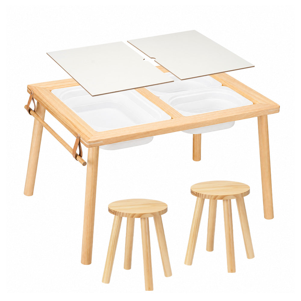 PlayPals Sensory Table Set Wooden w/ Double-Sided Board 2 Stools Storage Bins - Sunyee
