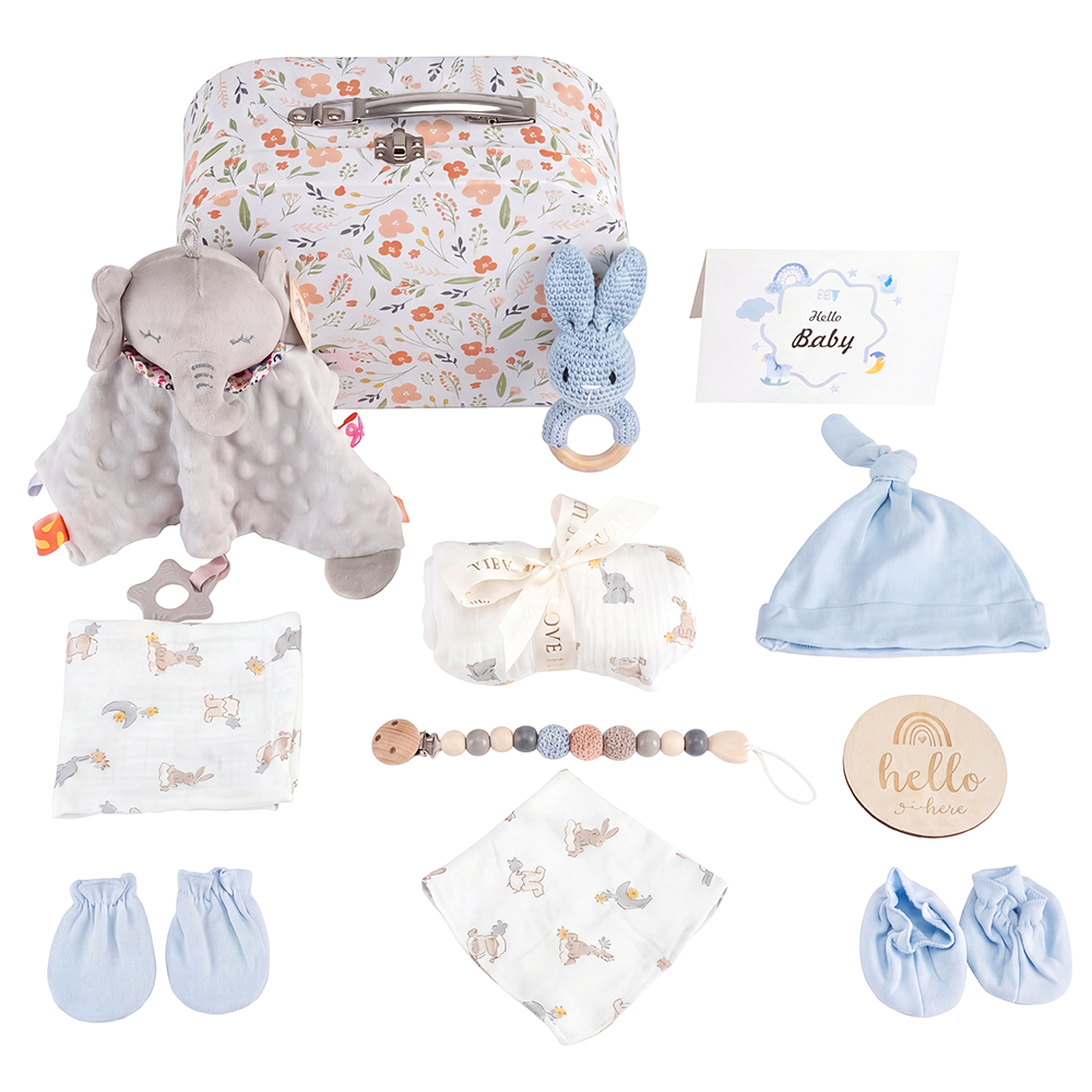 Playpals Newborn Baby Gift Set for Boys Girls Swaddle/Rattle/Hat/Socks/Bib Blue - Sunyee