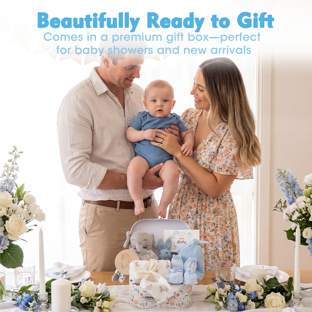 Playpals Newborn Baby Gift Set for Boys Girls Swaddle/Rattle/Hat/Socks/Bib Blue - Sunyee