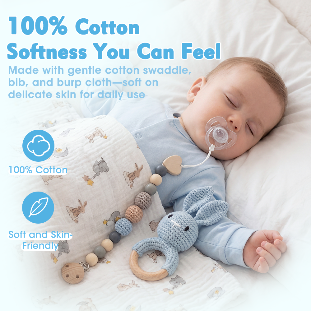 Playpals Newborn Baby Gift Set for Boys Girls Swaddle/Rattle/Hat/Socks/Bib Blue - Sunyee