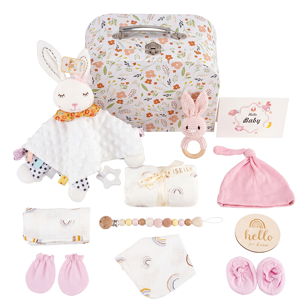 Playpals Newborn Baby Gift Set for Boys Girls Swaddle/Rattle/Hat/Socks/Bib Pink - Sunyee