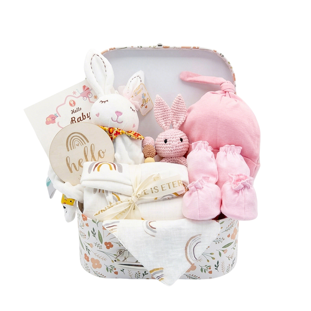 Playpals Newborn Baby Gift Set for Boys Girls Swaddle/Rattle/Hat/Socks/Bib Pink - Sunyee