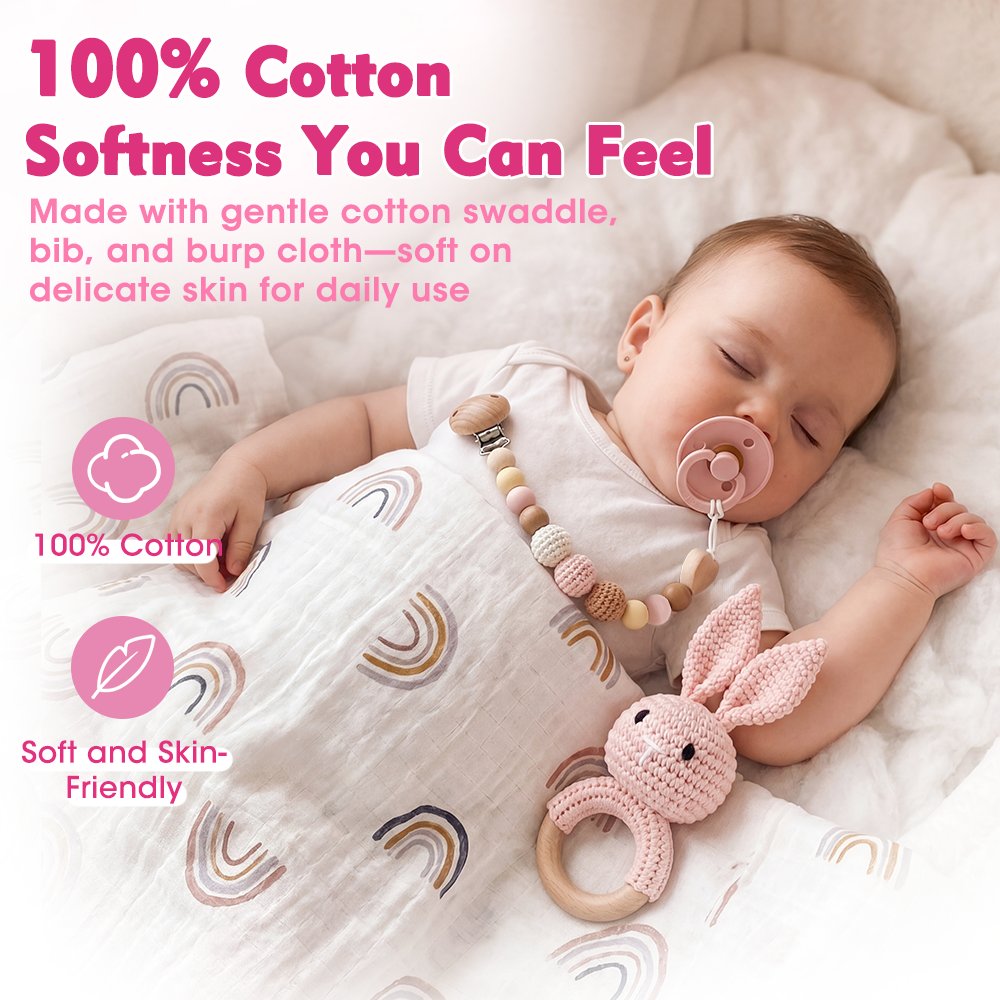 Playpals Newborn Baby Gift Set for Boys Girls Swaddle/Rattle/Hat/Socks/Bib Pink - Sunyee