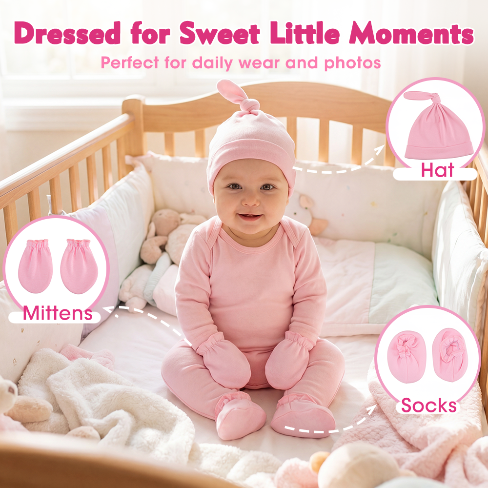 Playpals Newborn Baby Gift Set for Boys Girls Swaddle/Rattle/Hat/Socks/Bib Pink - Sunyee
