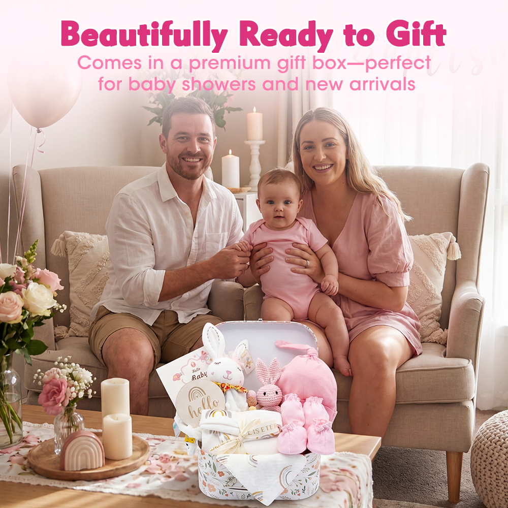 Playpals Newborn Baby Gift Set for Boys Girls Swaddle/Rattle/Hat/Socks/Bib Pink - Sunyee