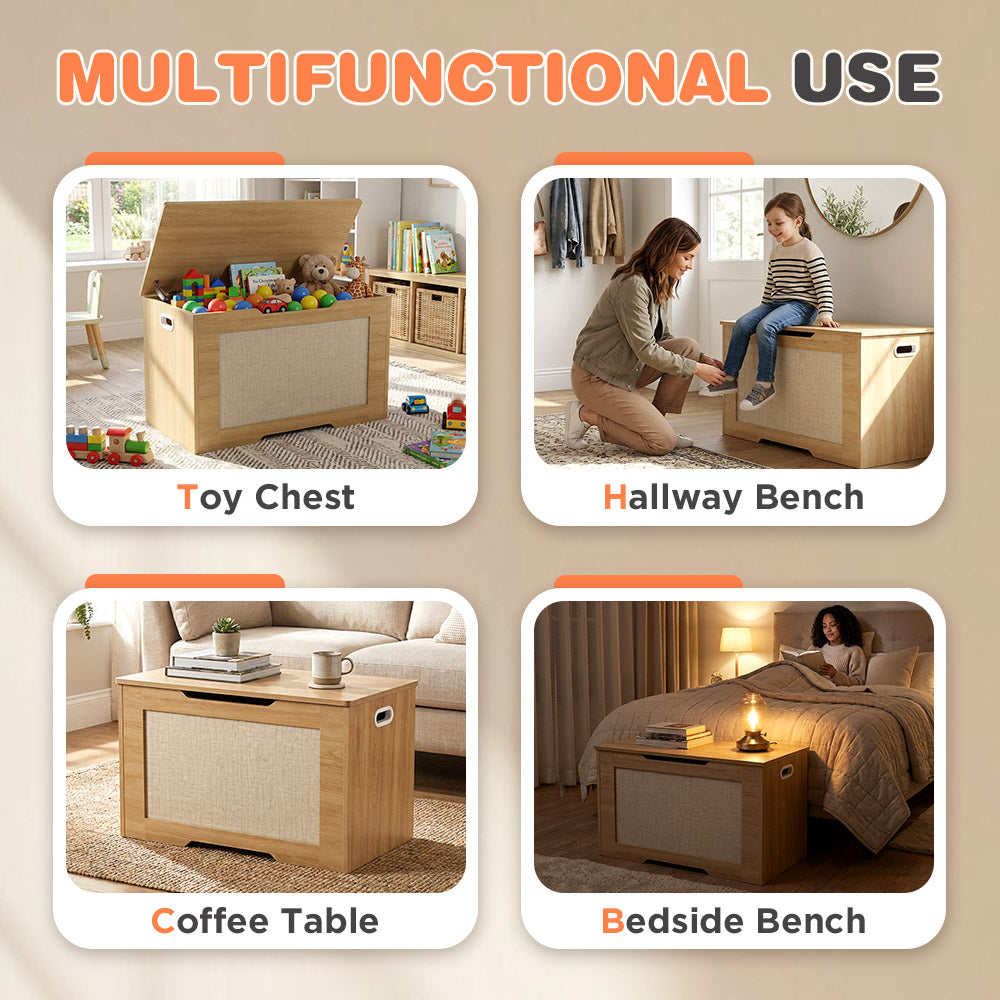 PlayPals 114L Kids Toy Box Storage Chest Particle Board Bench Naturel Wood