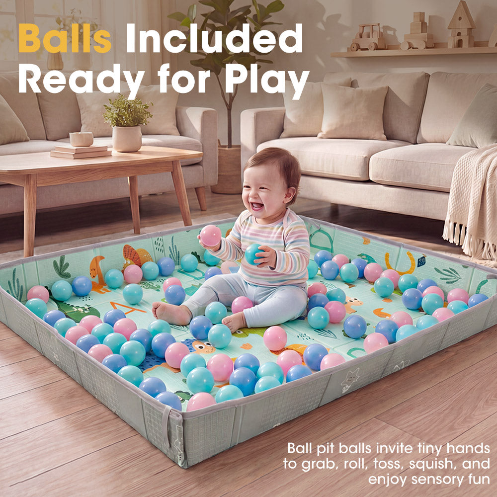 Playpals Foldable Baby Play Mat w/ Pit Balls XPE Foam Two Sides Dinosaur Land