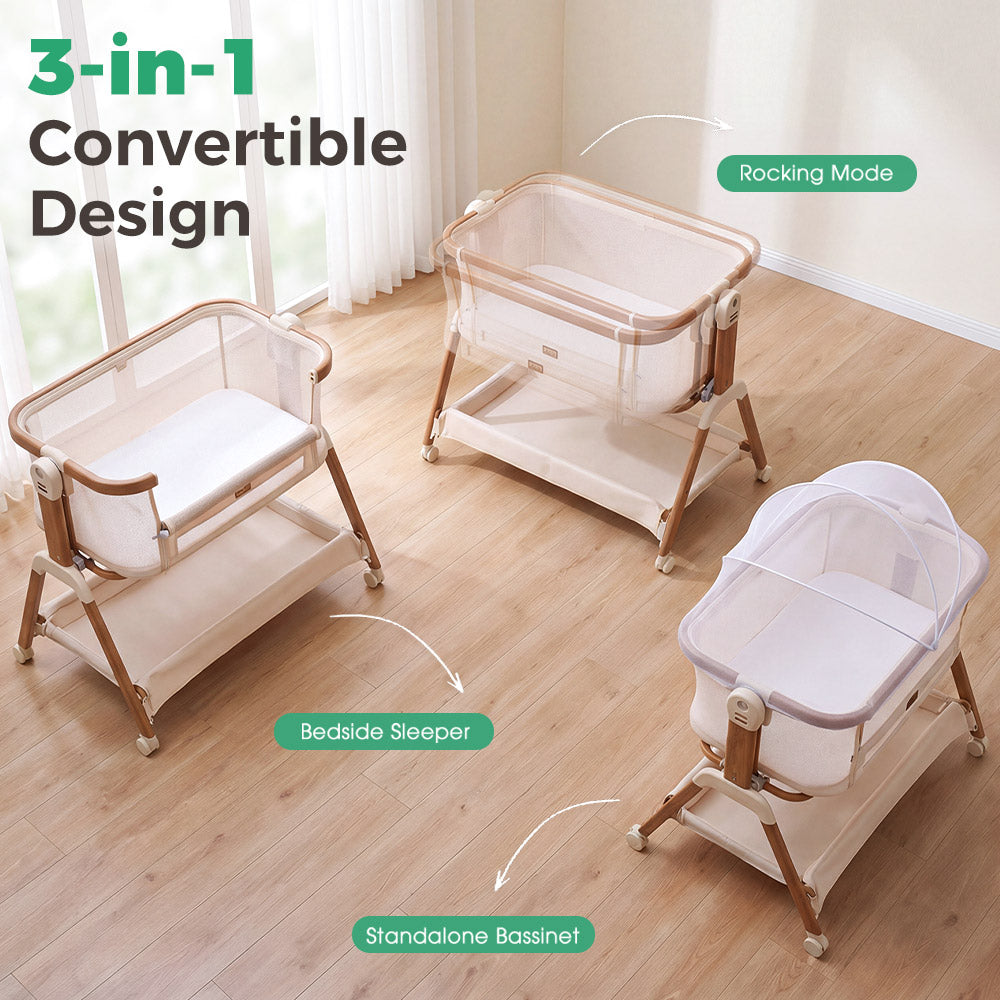 PlayPals Bassinet Bedside Crib w/ Mosquito Net & Storage Basket Brown
