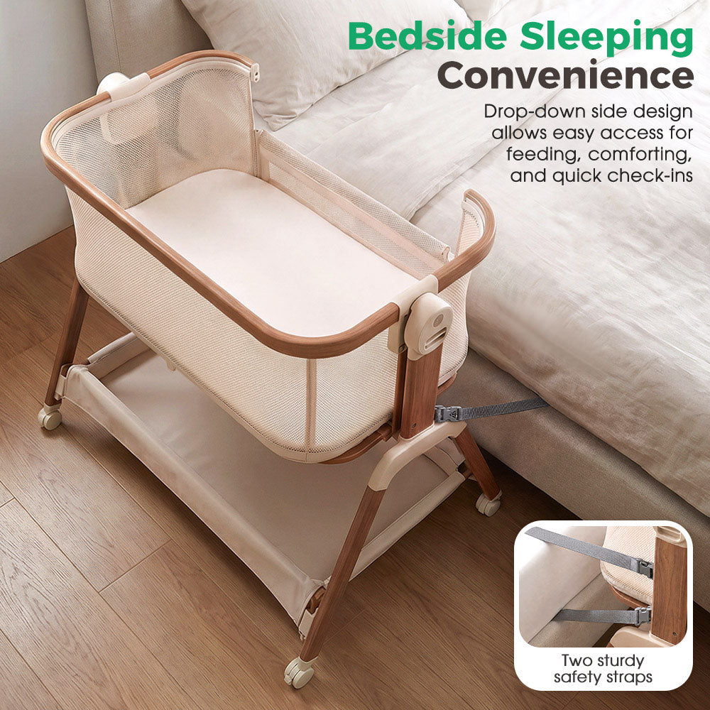 PlayPals Bassinet Bedside Crib w/ Mosquito Net & Storage Basket Brown