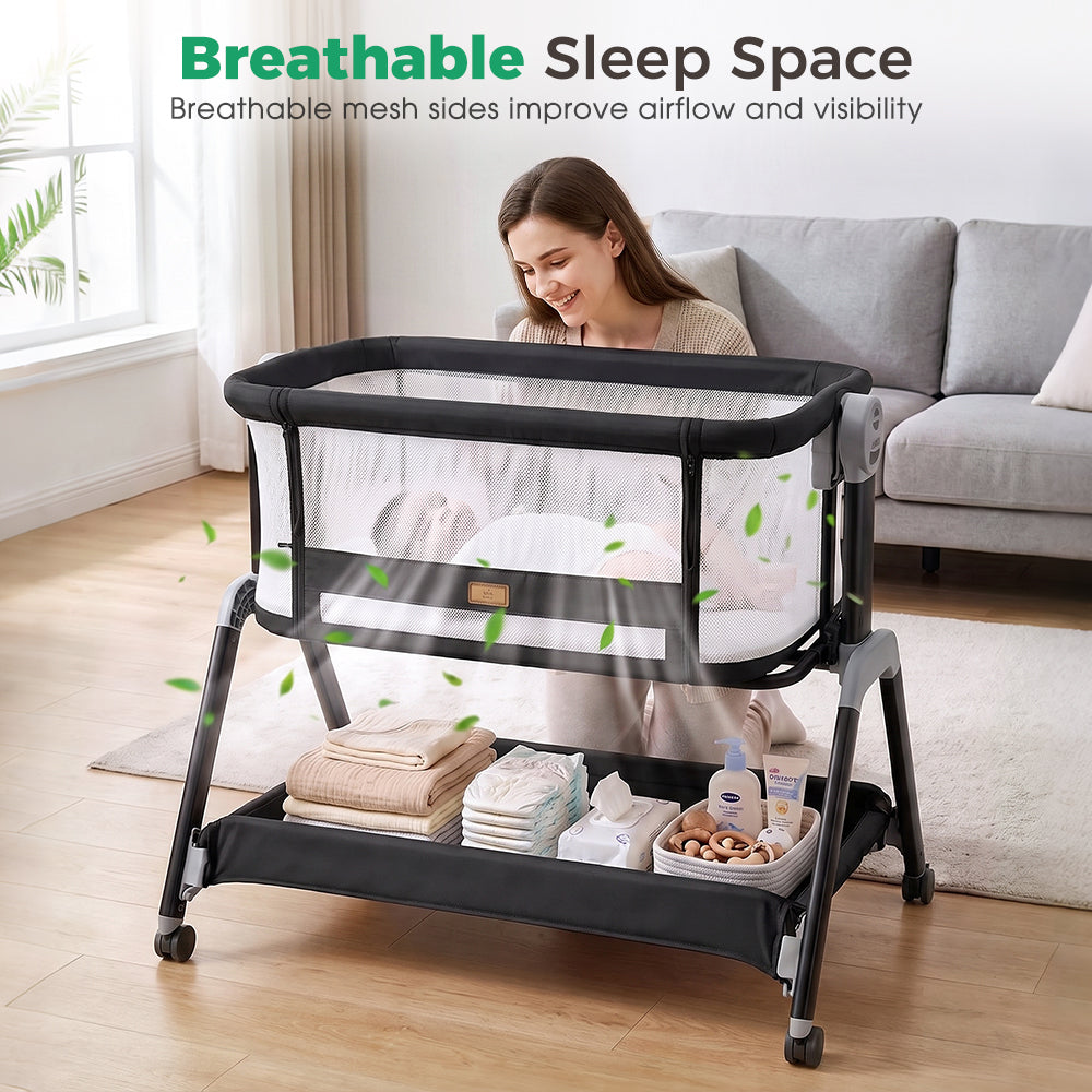 PlayPals Bassinet Bedside Crib w/ Mosquito Net & Storage Basket Brown