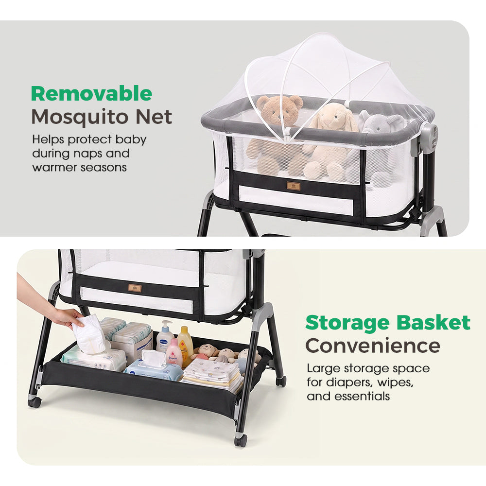 PlayPals Bassinet Bedside Crib w/ Mosquito Net & Storage Basket Brown