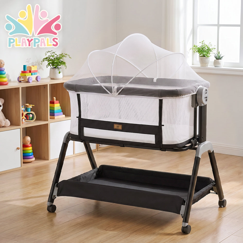 PlayPals Bassinet Bedside Crib w/ Mosquito Net & Storage Basket Brown