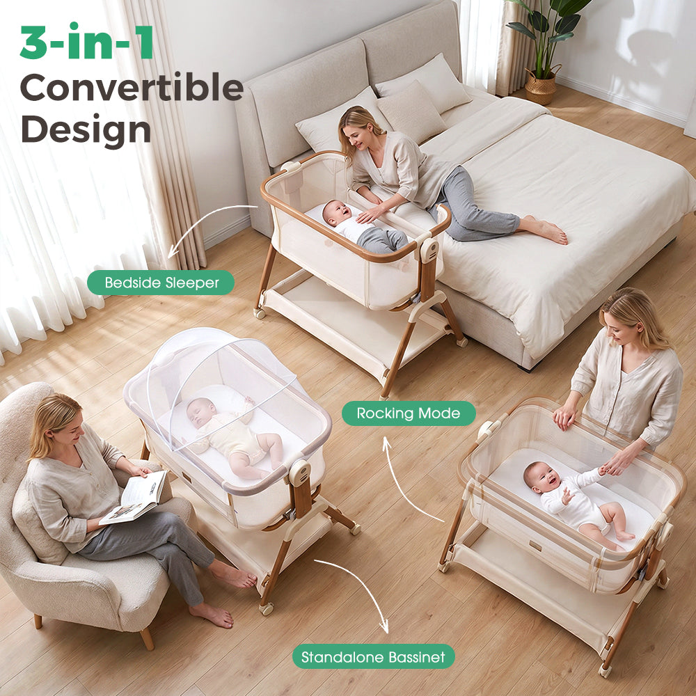 PlayPals Bassinet Bedside Crib w/ Mosquito Net & Storage Basket Brown