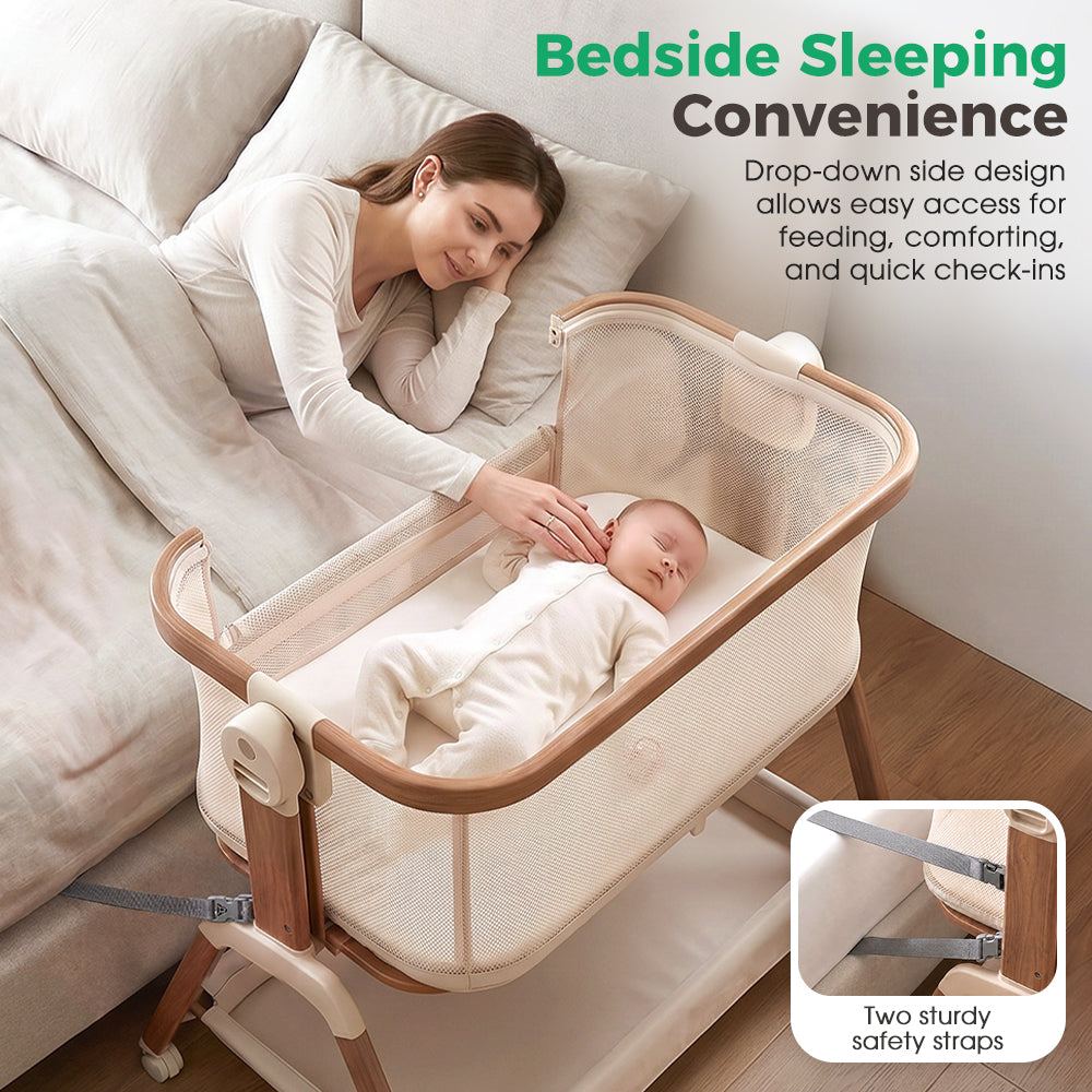 PlayPals Bassinet Bedside Crib w/ Mosquito Net & Storage Basket Brown