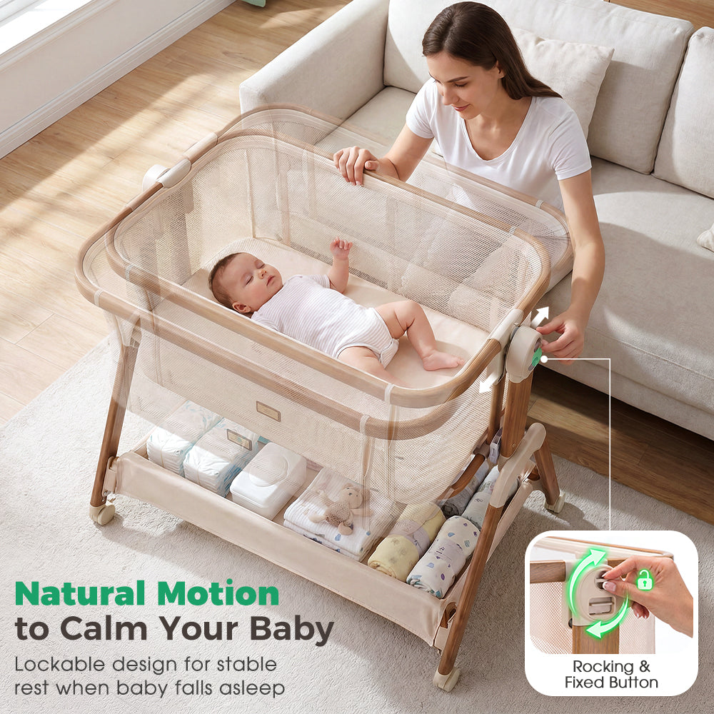 PlayPals Bassinet Bedside Crib w/ Mosquito Net & Storage Basket Brown