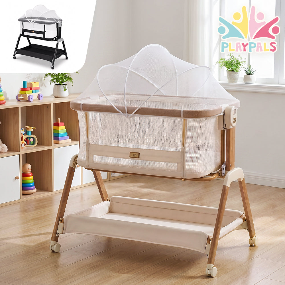PlayPals Bassinet Bedside Crib w/ Mosquito Net & Storage Basket Brown