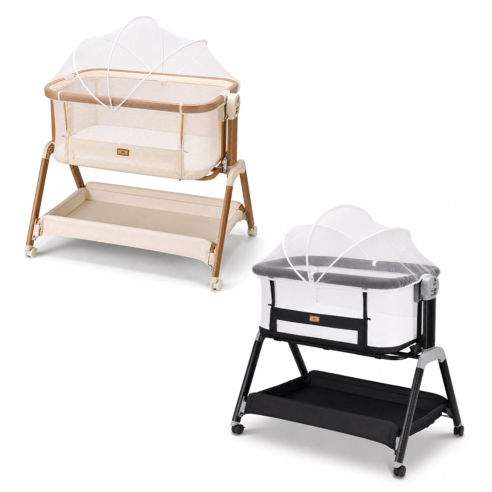 PlayPals Bassinet Bedside Crib w/ Mosquito Net & Storage Basket Brown