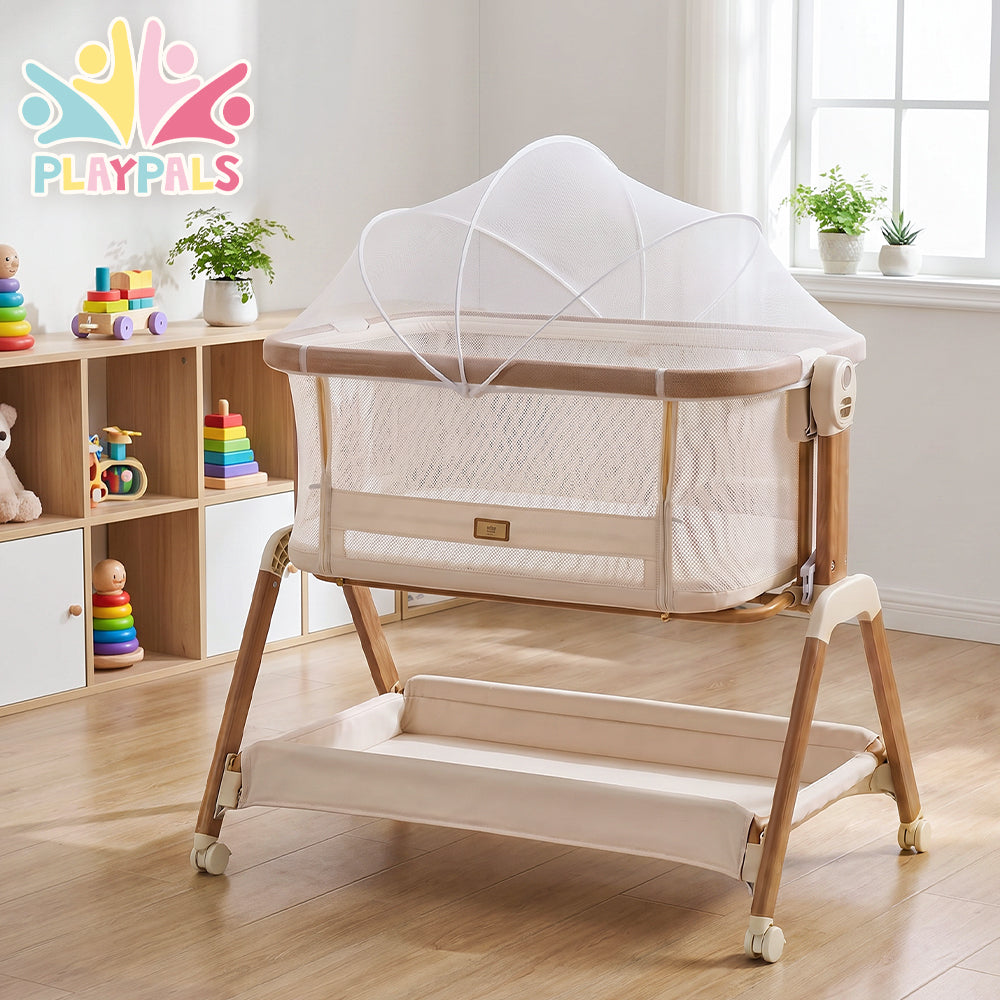 PlayPals Bassinet Bedside Crib w/ Mosquito Net & Storage Basket Brown