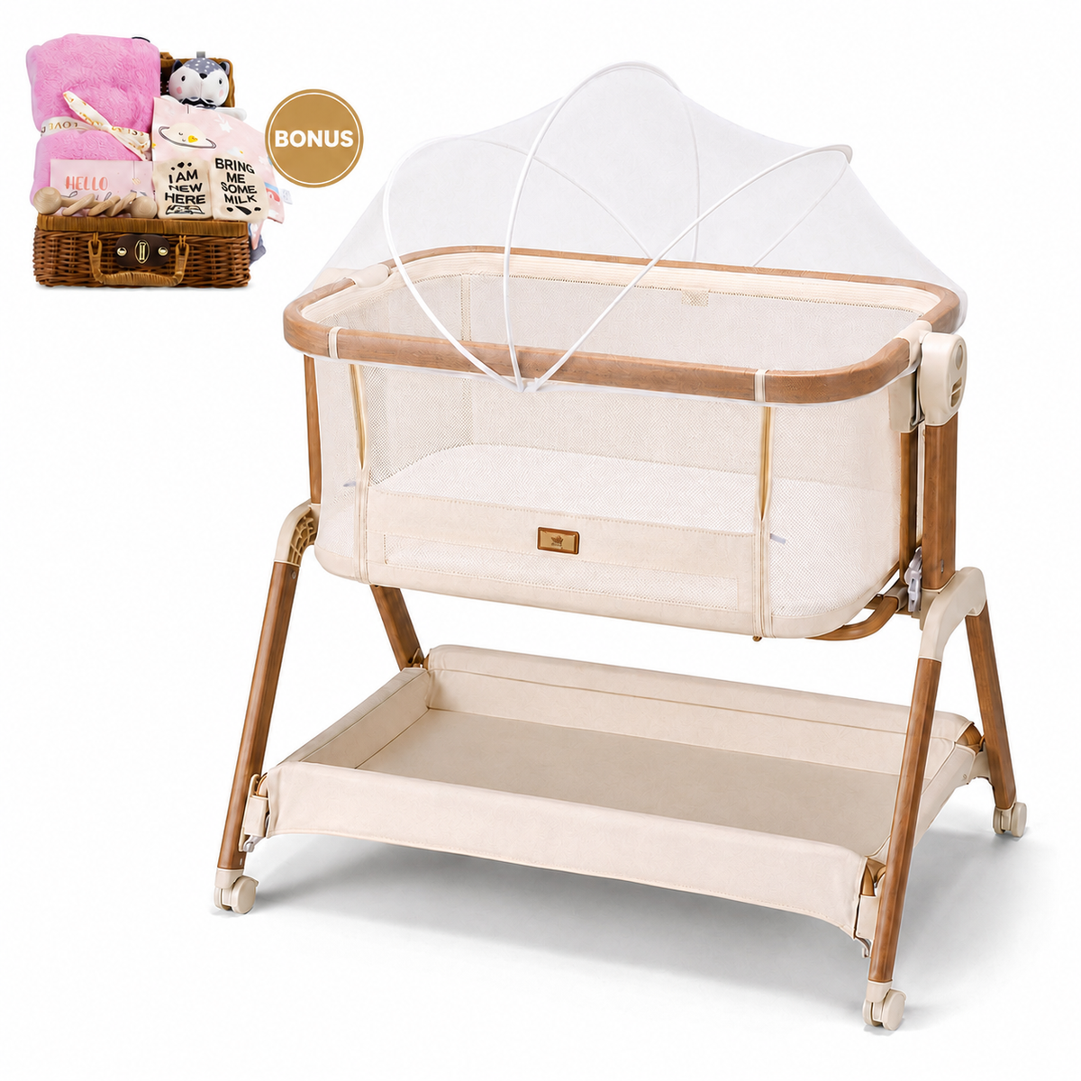 PlayPals Bassinet Bedside Crib w/ Mosquito Net & Storage Basket Brown