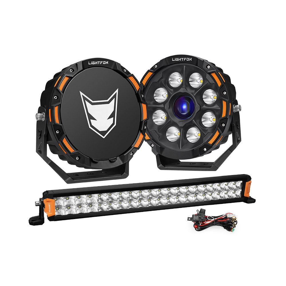 Lightfox 9 inch Osram Laser LED Driving Lights + 20 inch Dual Row LED Light Bar + Wiring Kit - Sunyee
