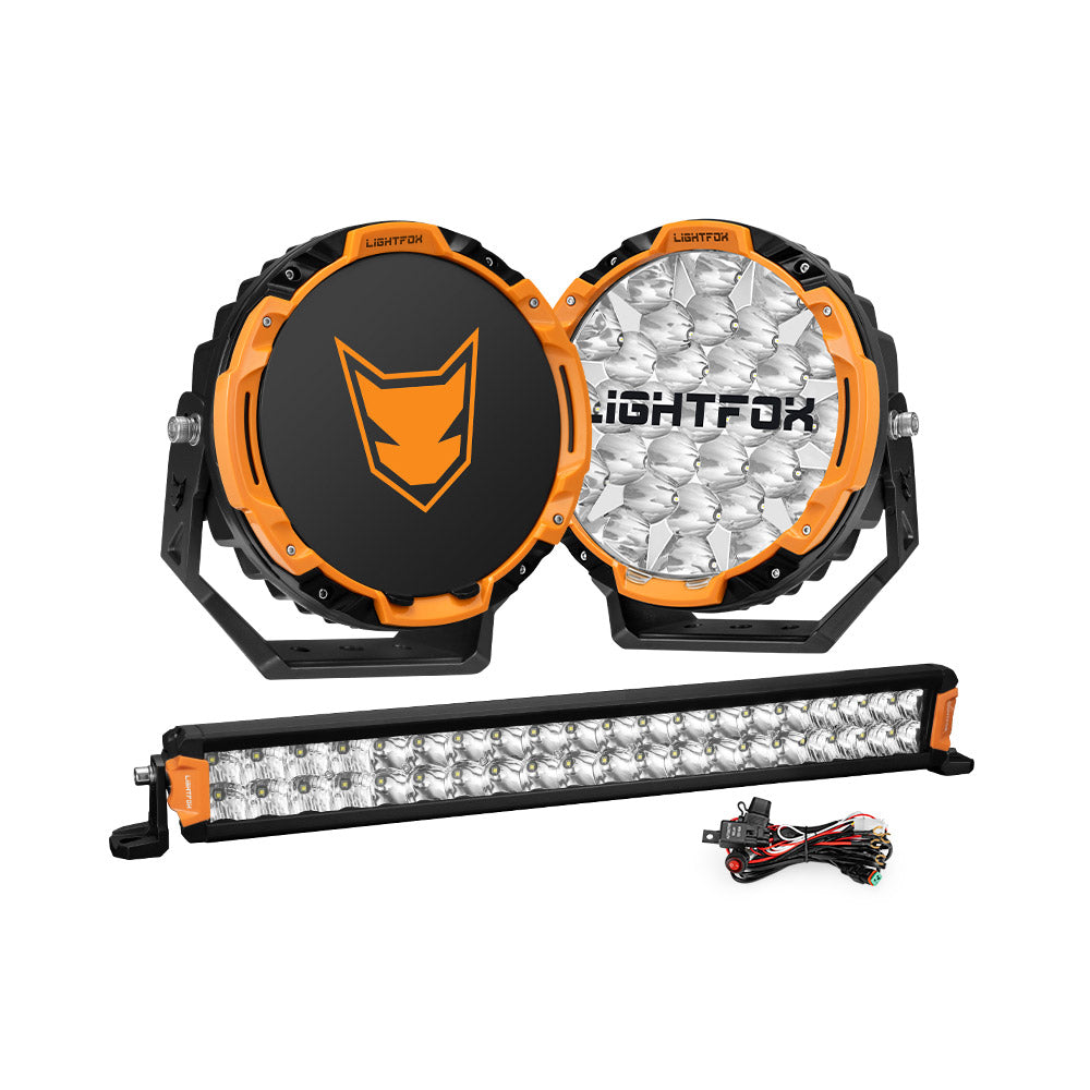 Lightfox 9 inch Osram LED Driving Lights + 20 inch Dual Row LED Light Bar + Wiring Kit - Sunyee