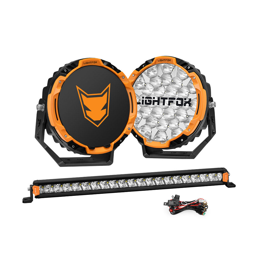 Lightfox 9 inch Osram LED Driving Lights + 20 inch Single Row LED Light Bar + Wiring Kit - Sunyee