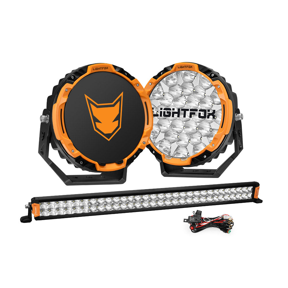 Lightfox 9 inch Osram LED Driving Lights + 30 inch Dual Row LED Light Bar + Wiring Kit - Sunyee