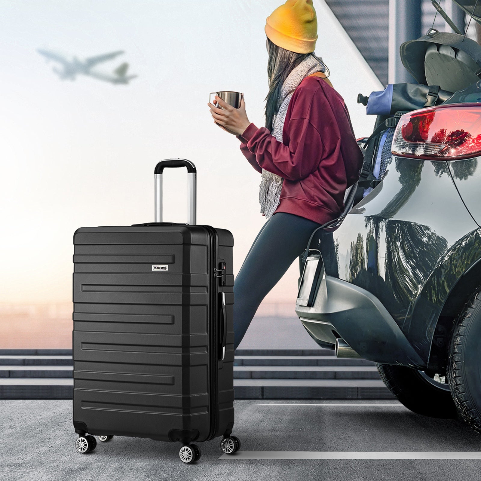 Mazam 3PCS Luggage Suitcase Trolley Set Travel TSA Lock Storage Hard Case Black - Sunyee