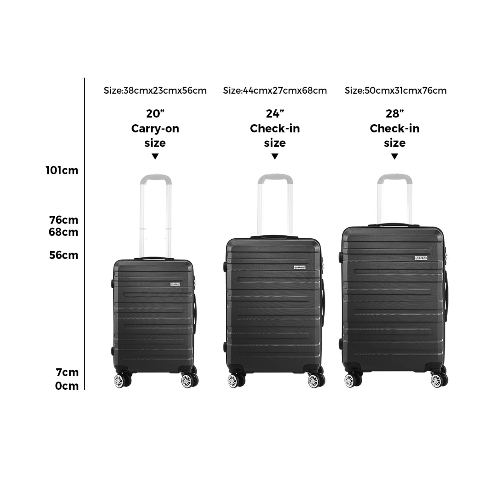 Mazam 3PCS Luggage Suitcase Trolley Set Travel TSA Lock Storage Hard Case Black - Sunyee