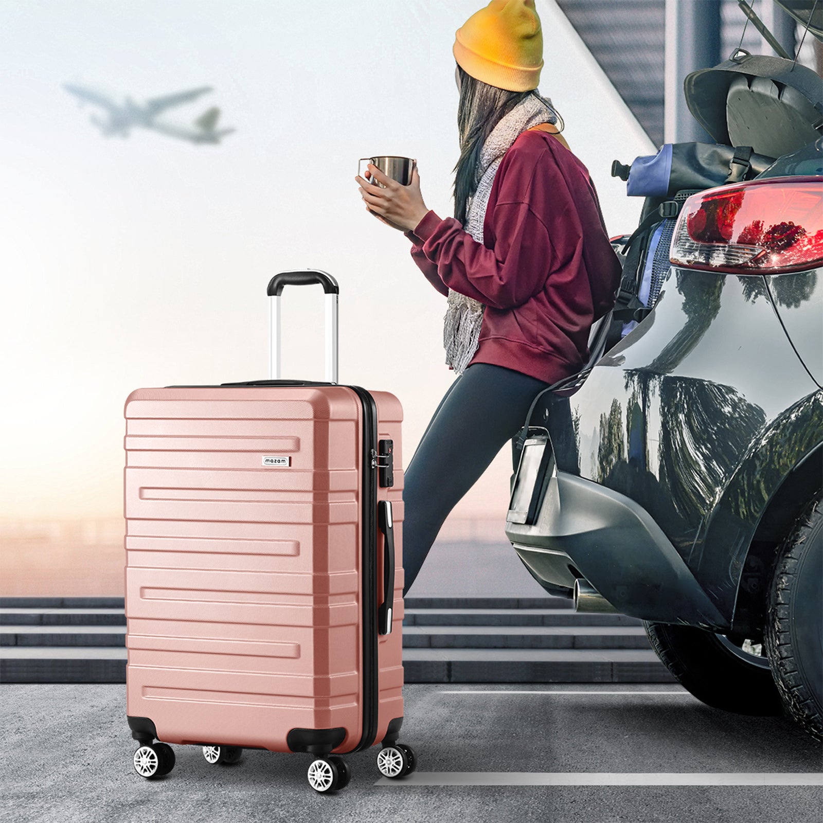 Mazam 3PCS Luggage Suitcase Trolley Set Travel TSA Lock Storage Hard Case Pink - Sunyee