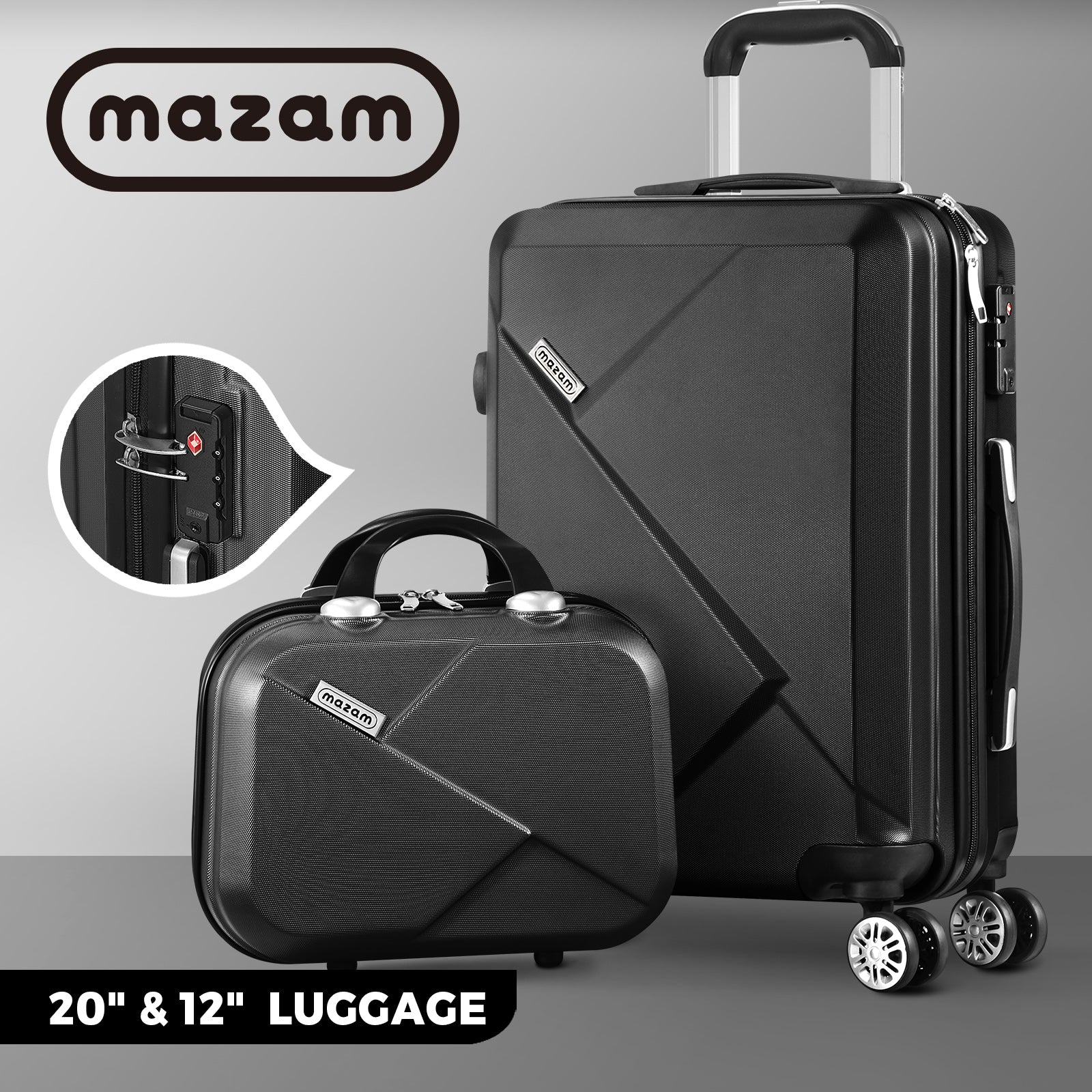Mazam 2PCS 20+12" Luggage Suitcase Trolley Set Travel TSA Lock Storage Hard Case - Sunyee