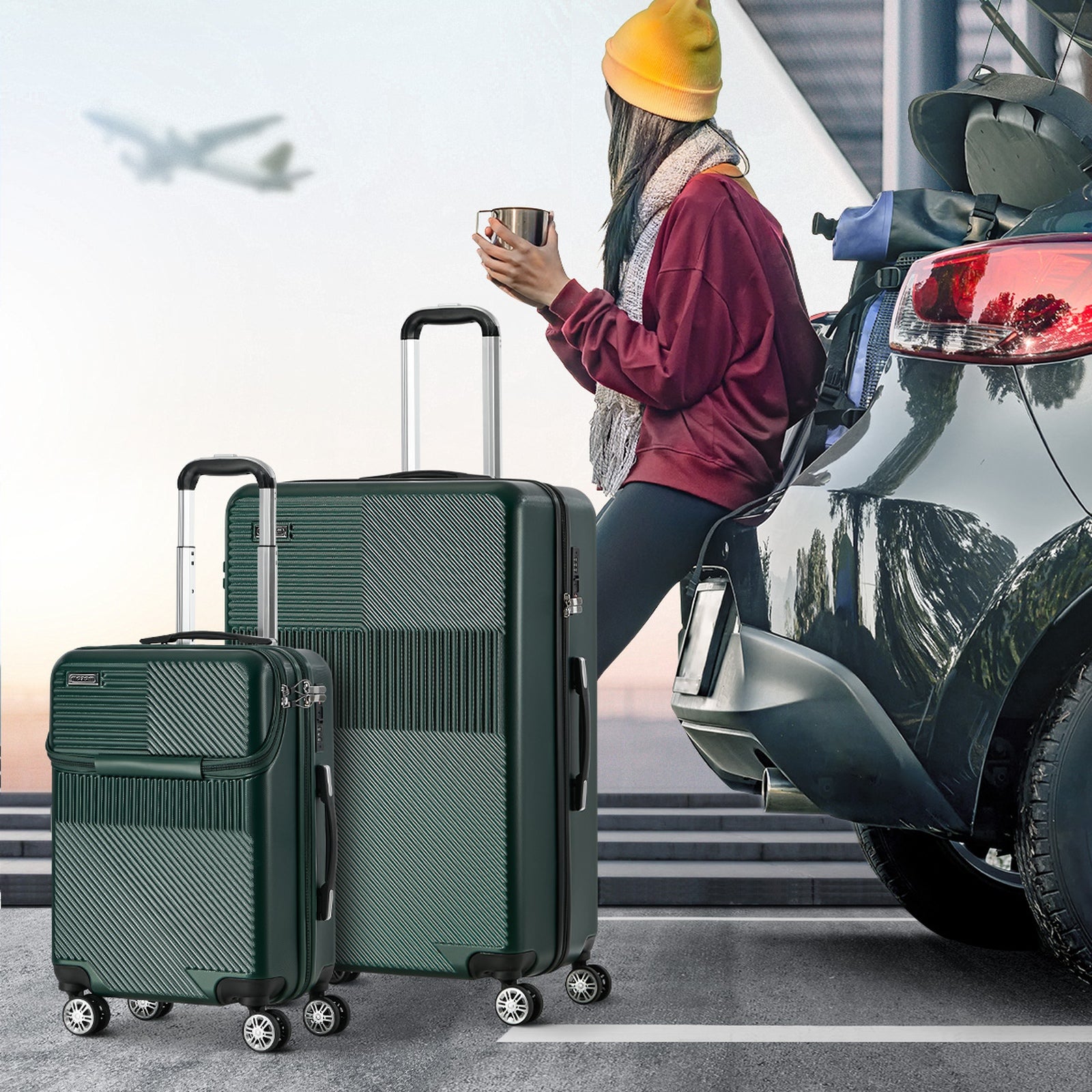 Mazam 2PCS Luggage Suitcase Trolley Set Travel TSA Lock Carry On Hard Case Green - Sunyee