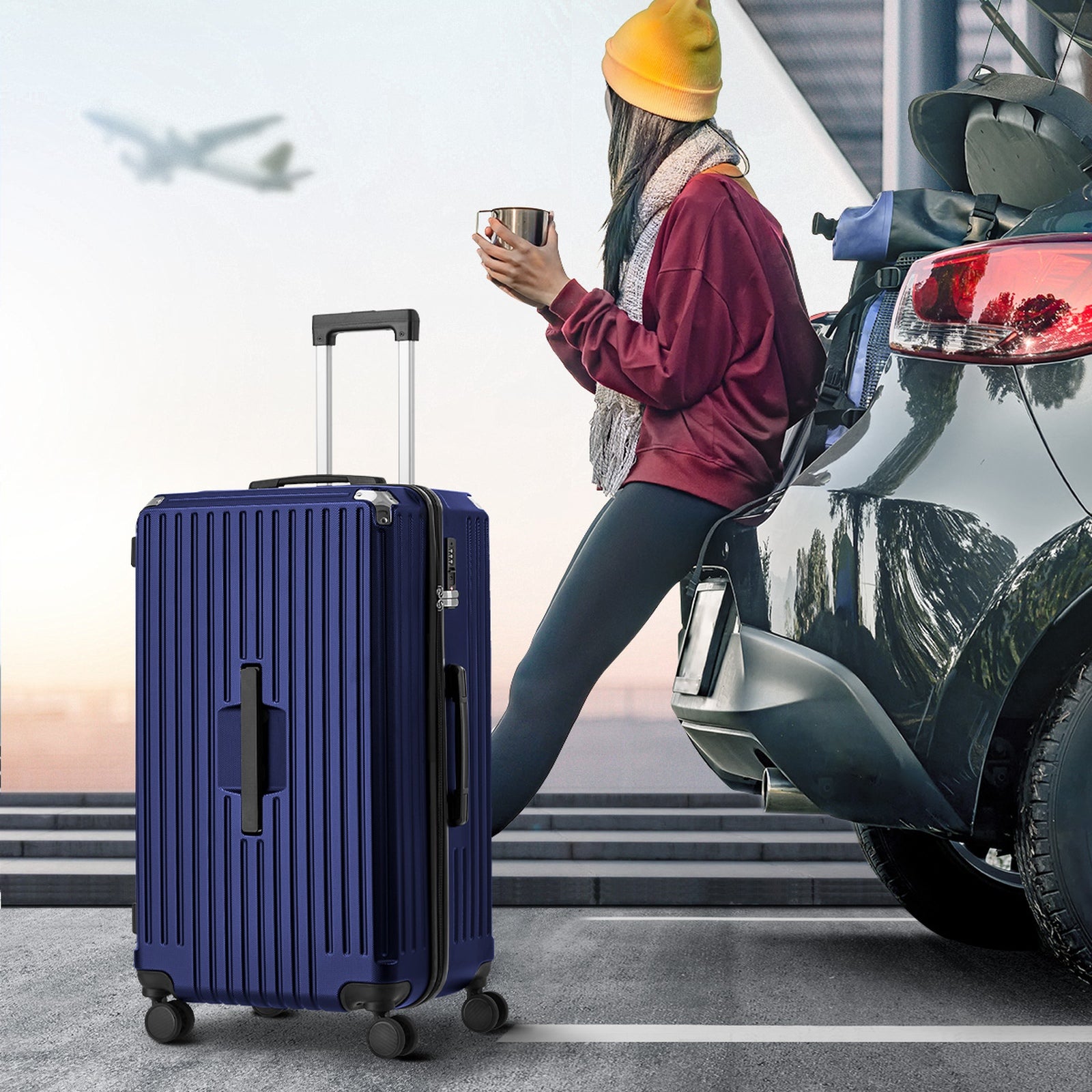 Mazam 28" Luggage Suitcase Travel TSA Lock Hard Shell Case with Cup Holder Navy - Sunyee