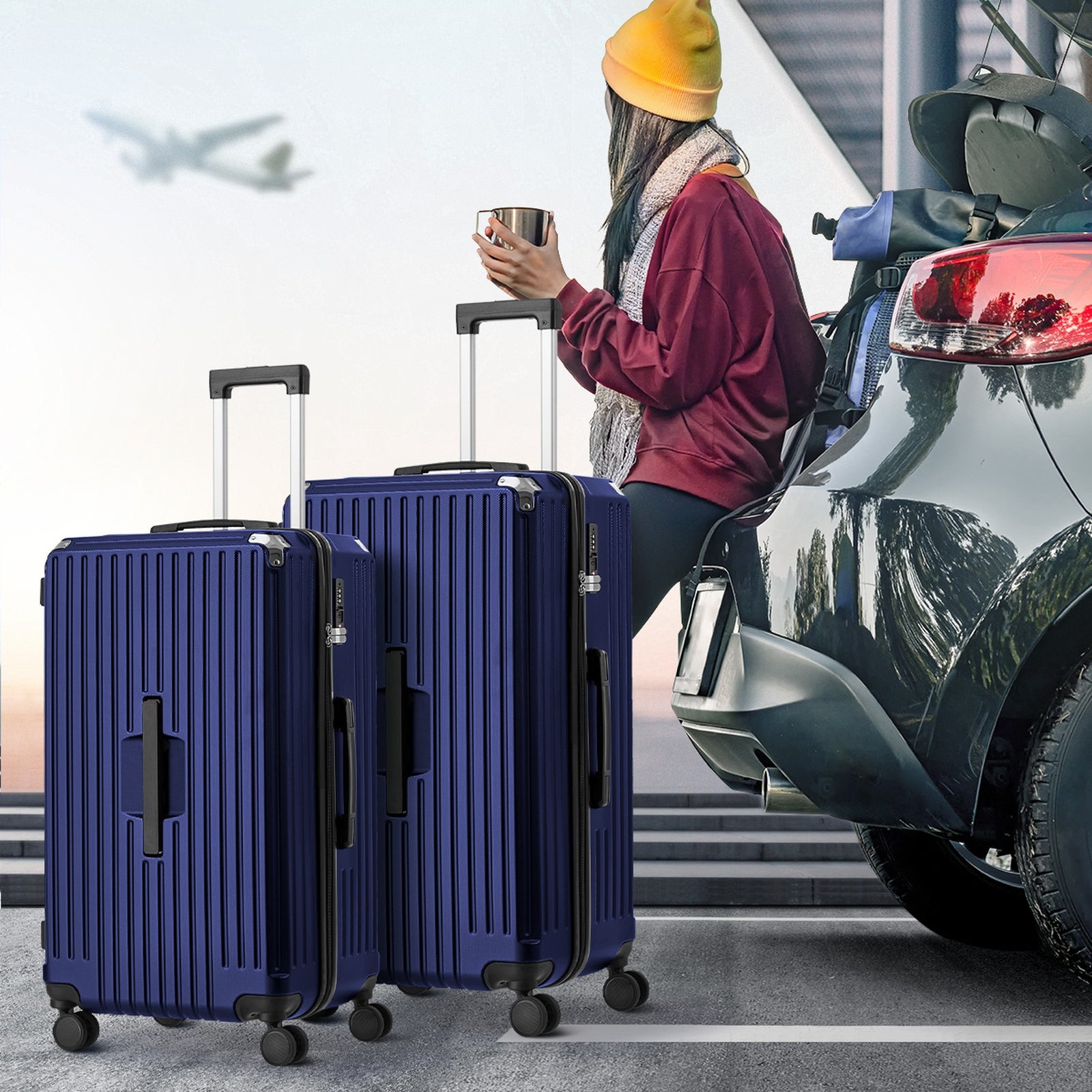 Mazam 2PCS Luggage Suitcase Trolley Set Travel TSA Lock Hard Shell Case Navy - Sunyee