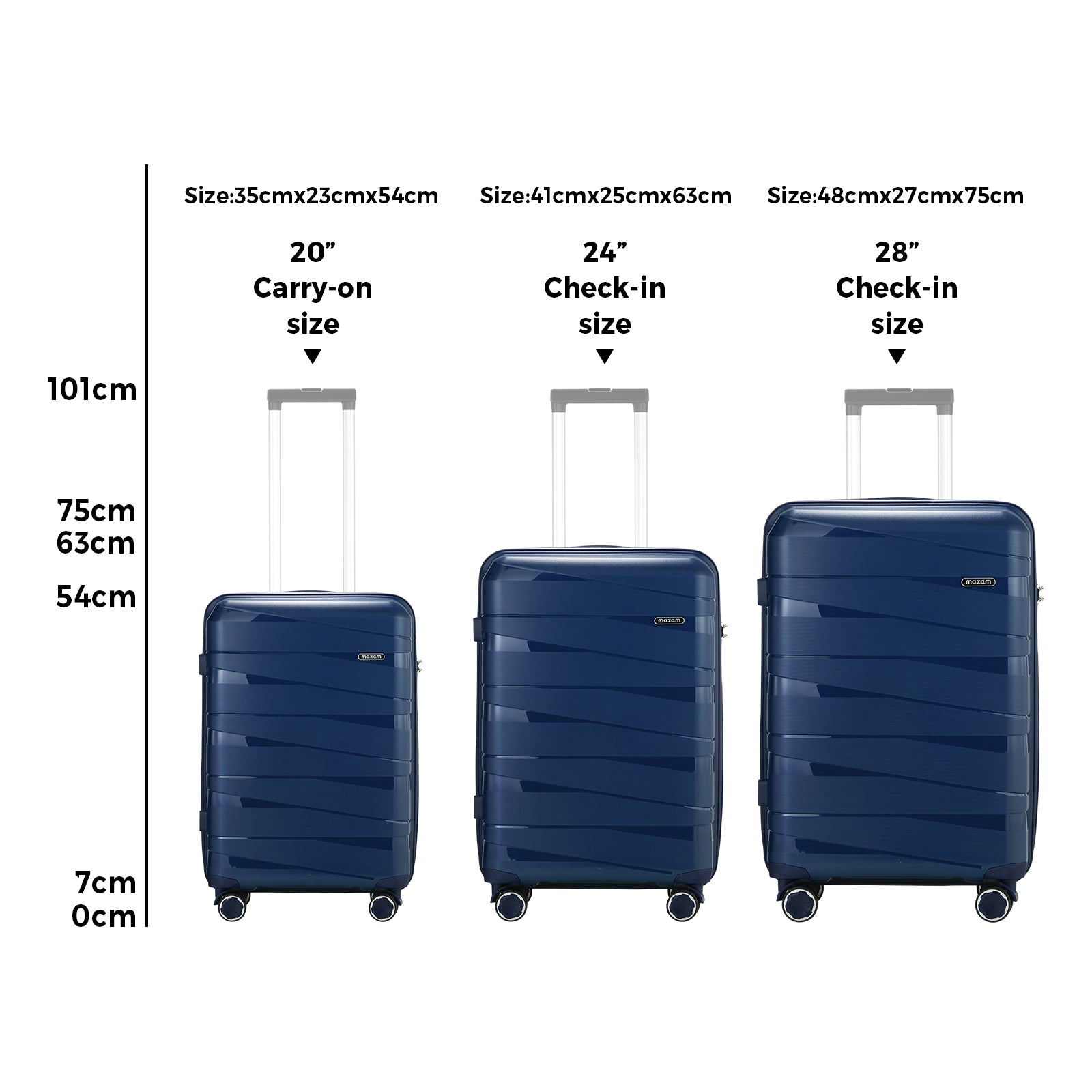 Mazam 3PCS Luggage Suitcase Trolley Set Travel TSA Lock Storage PP Case Navy - Sunyee