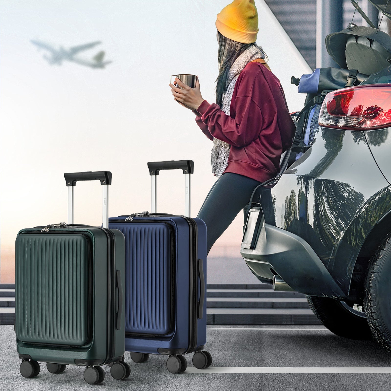 Mazam 20" Luggage Suitcase Front Opening Carry On TSA Hard Case with Cup Holder - Sunyee