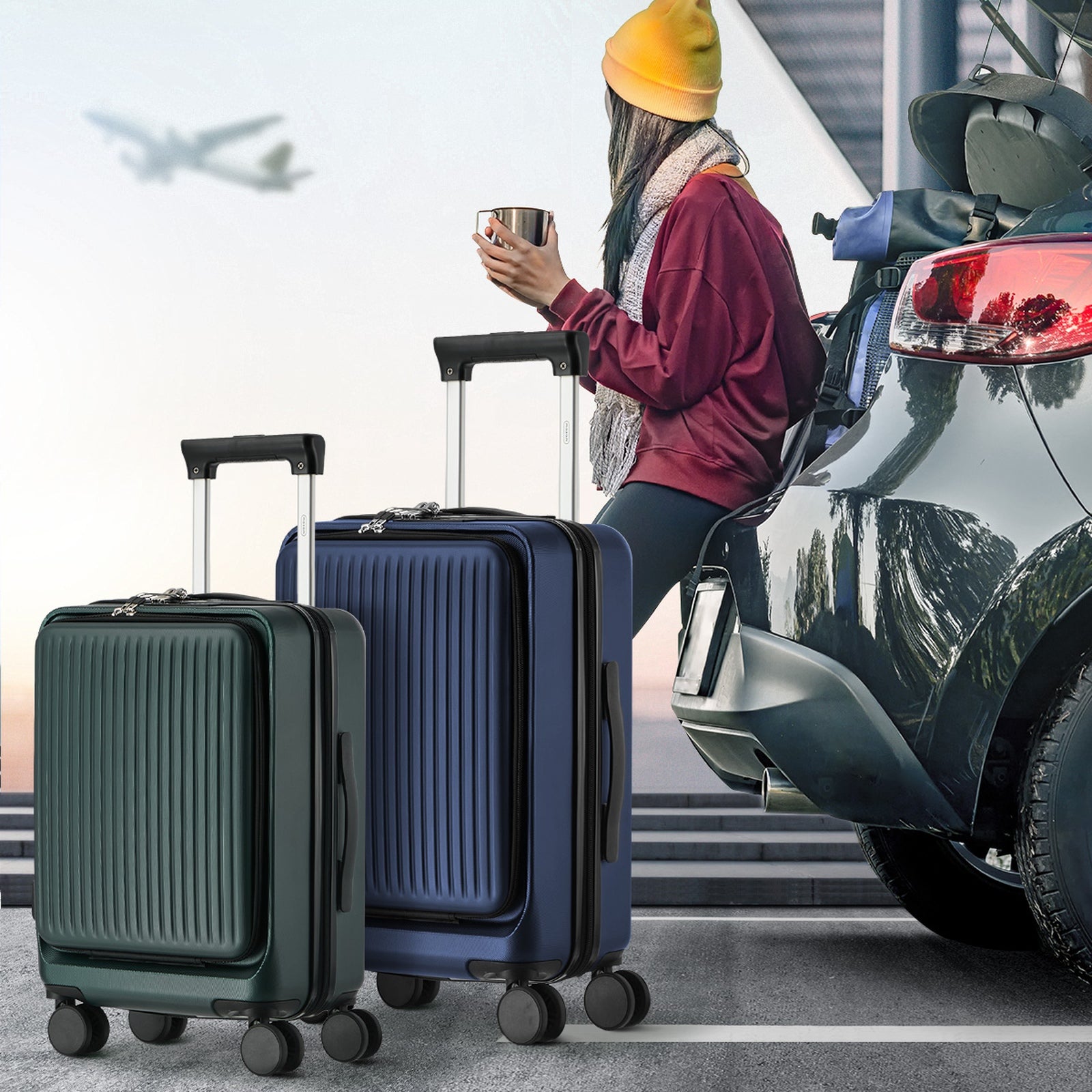 Mazam 20" 24" Luggage Suitcase Front Opening Carry On TSA Hard Case W/Cup Holder - Sunyee