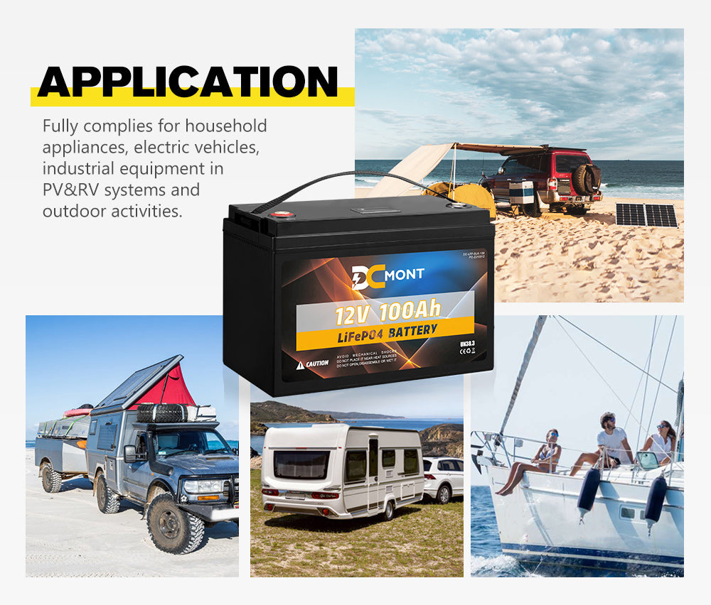 DC MONT 100Ah 12V Lithium Battery LiFePO4 Phosphate Deep Cycle Rechargeable - Sunyee