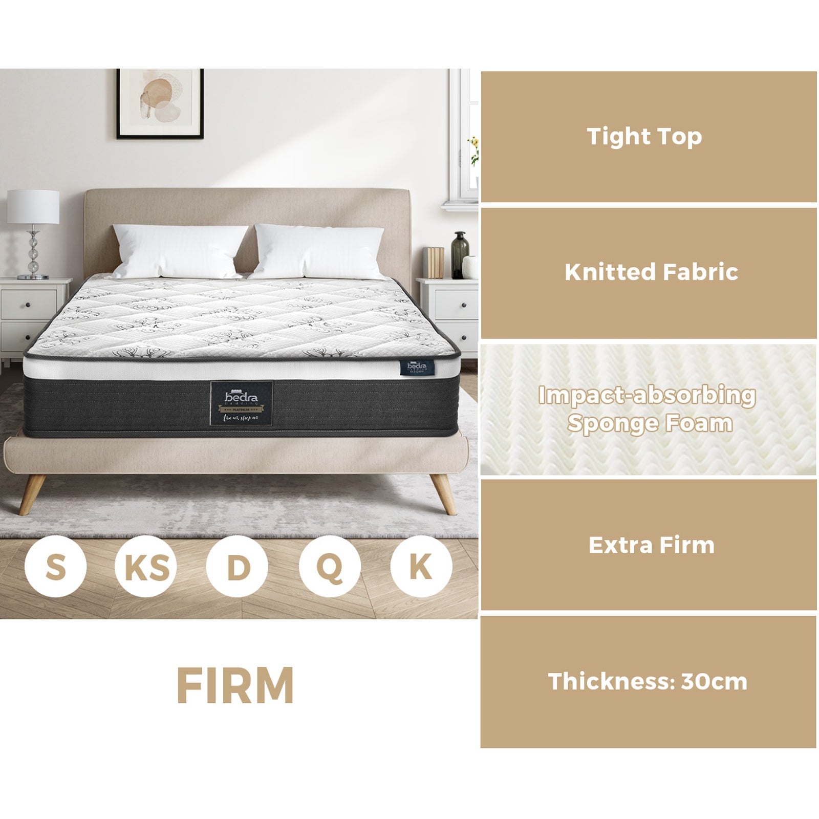 Bedra Double Mattress Queen King Single Pocket Spring 30-35cm Luxury Foam Bed - Sunyee