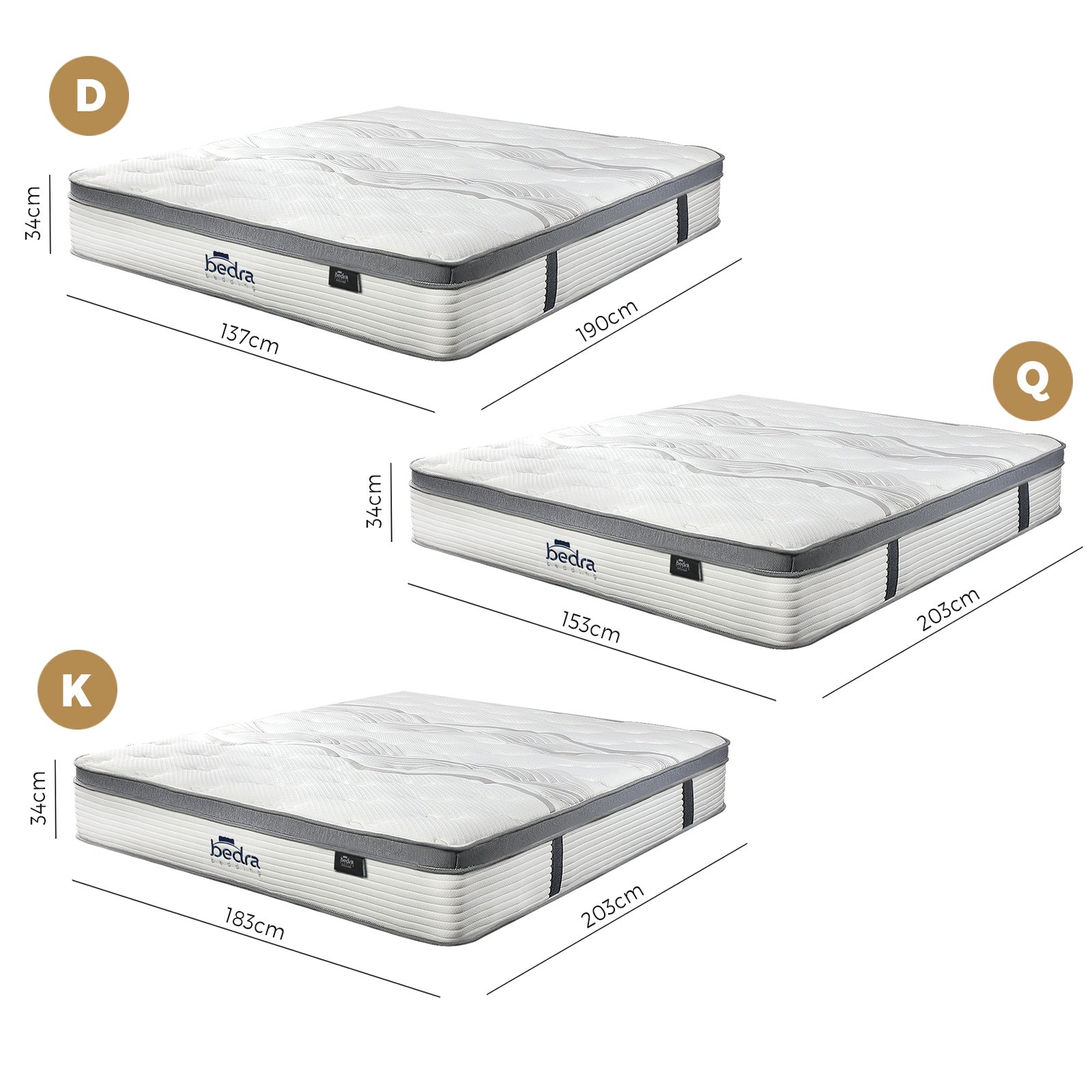 Bedra Queen Mattress Double King Bed Euro Top Pocket Spring Medium Firm 34cm