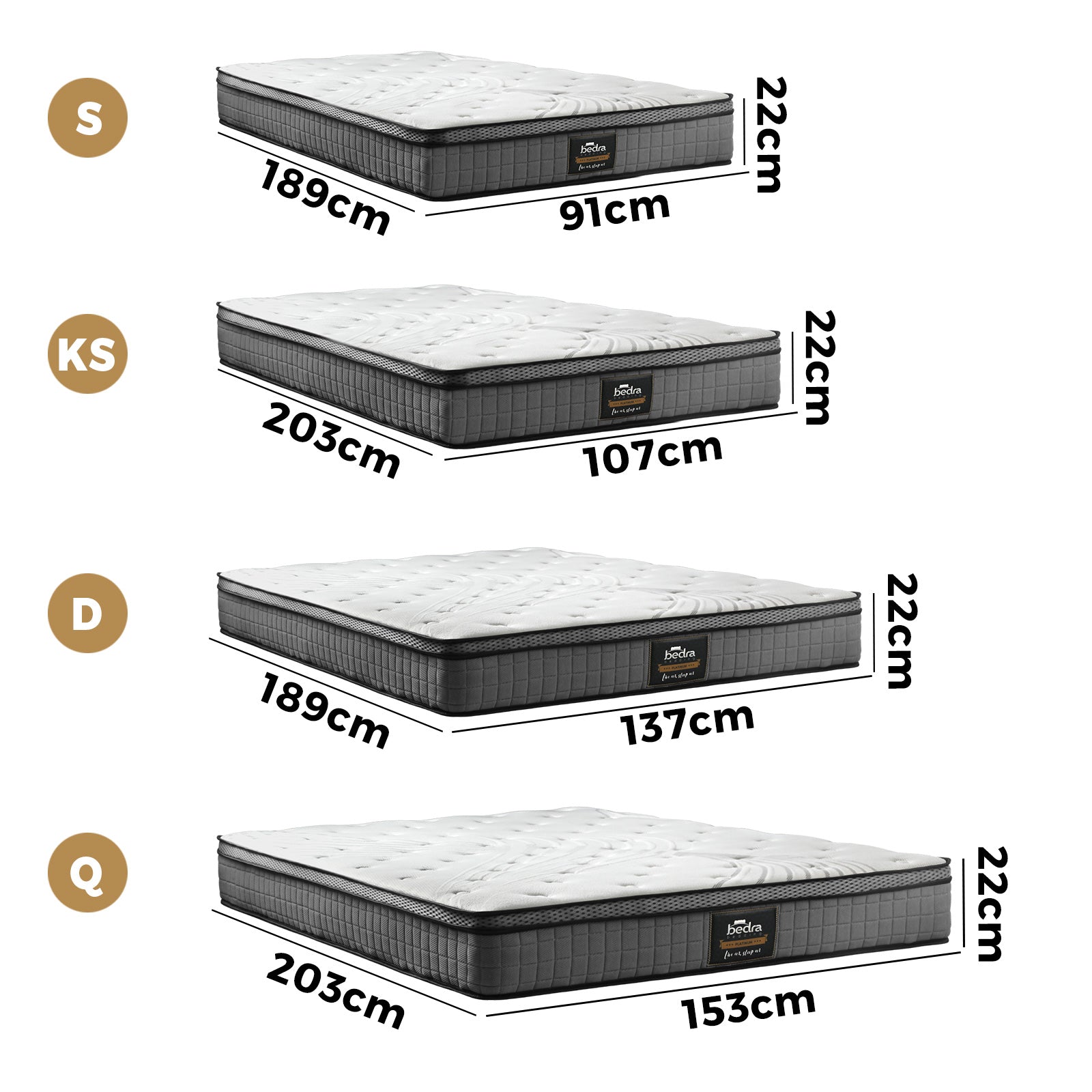 Bedra Queen Double Single King Single Mattress Bed 4D Mesh Fabric Euro Top 22cm - Sunyee