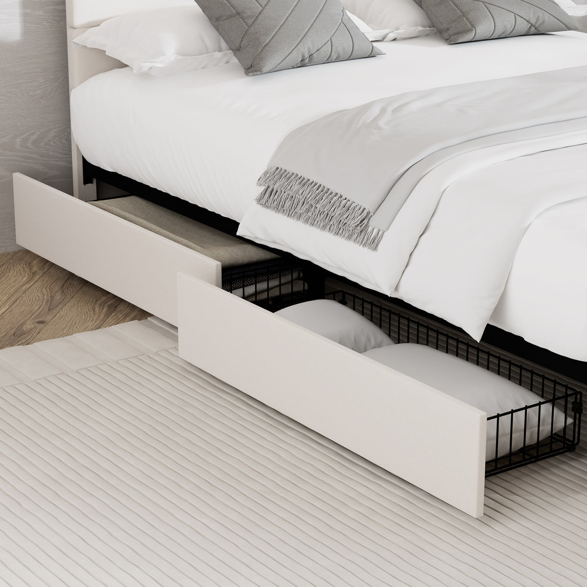 Oikiture 2x Trundle Drawers for Bed Frame Base Storage with Wheels Metal Beige