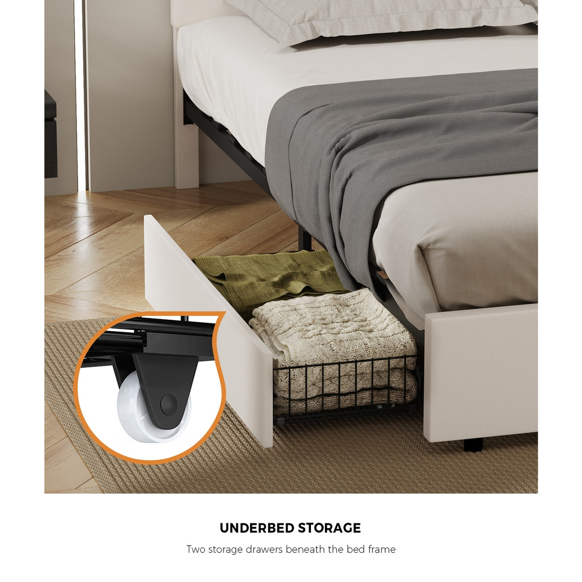 Oikiture 2x Trundle Drawers for Bed Frame Base Storage with Wheels Metal Beige